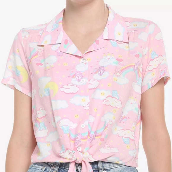 Care Bears Tops - Care Bears Rainbows & Clouds Tie-Front Girls Woven Button-Up